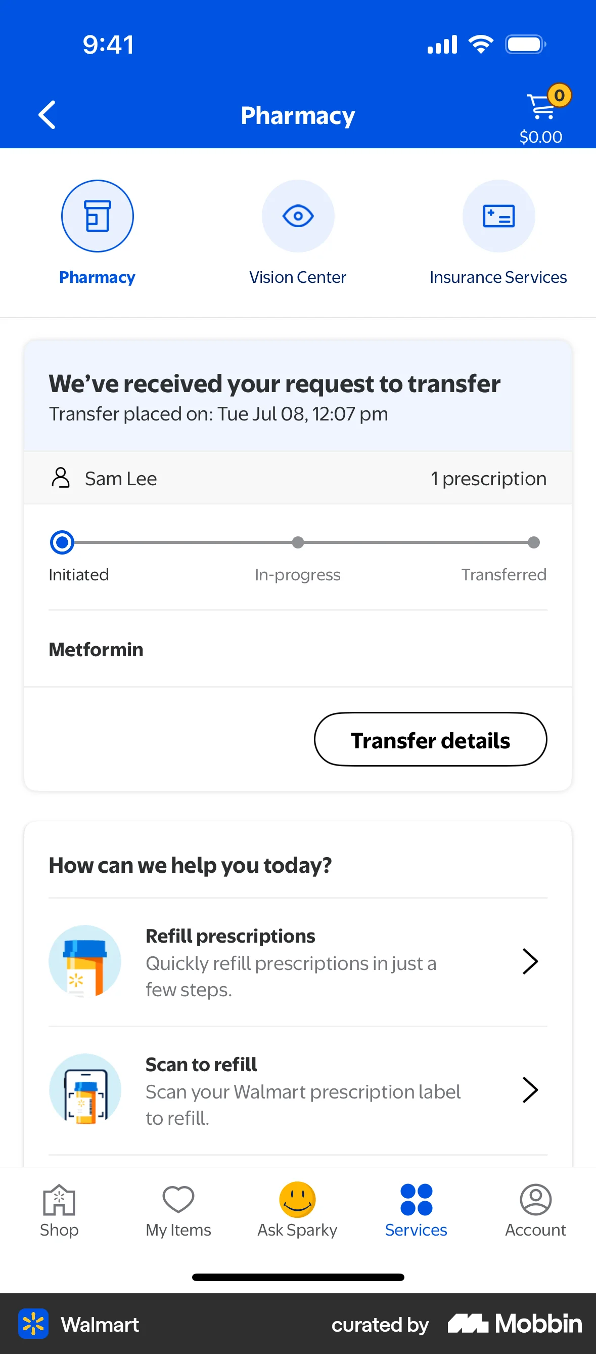 Walmart Requesting prescription transfer screen