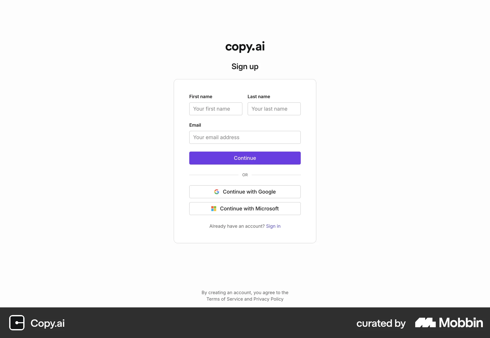 Copy.ai Onboarding screen