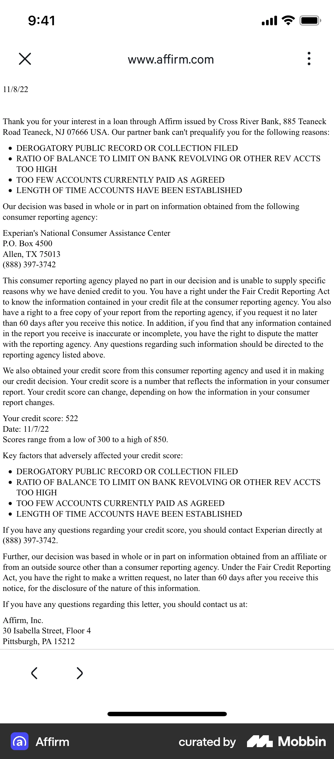 Affirm Requesting a virtual card screen