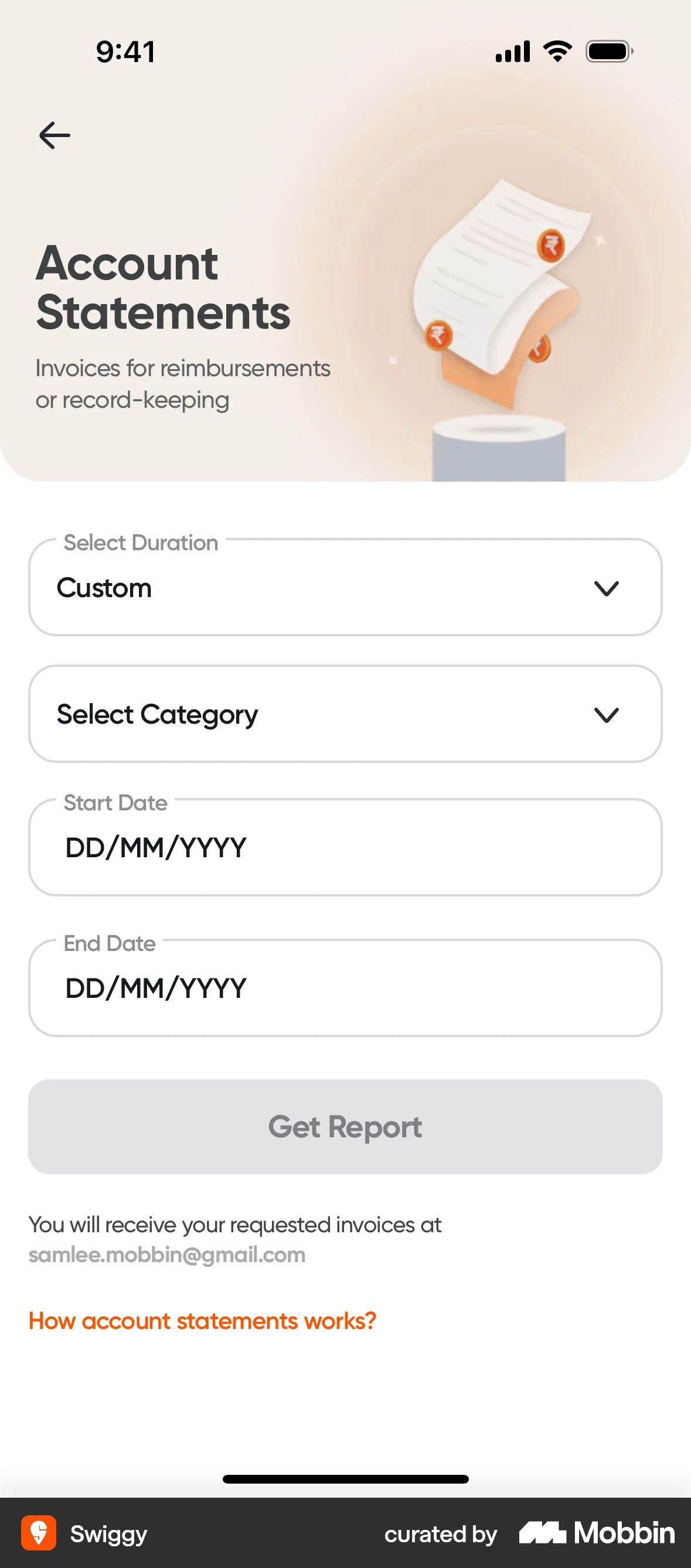 Swiggy Requesting an account statement screen