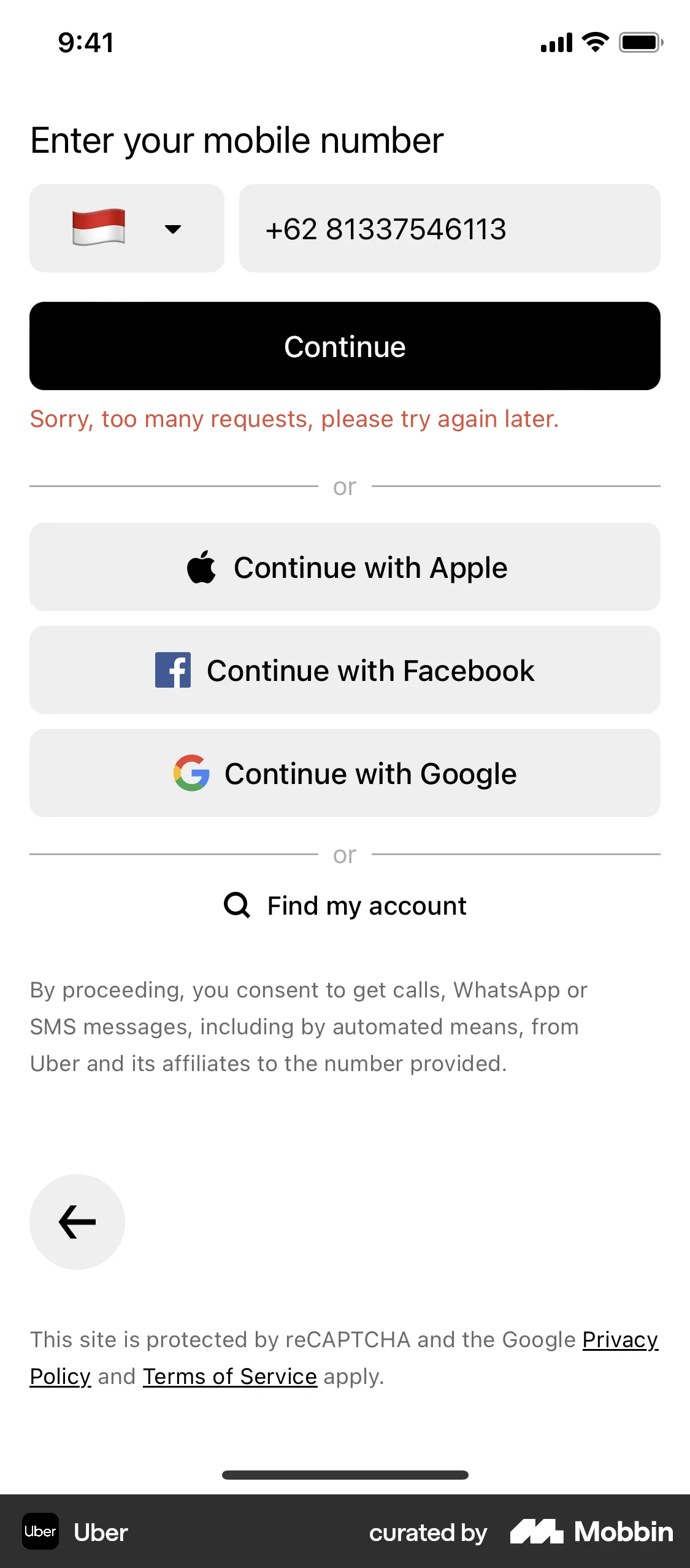 Uber Onboarding screen