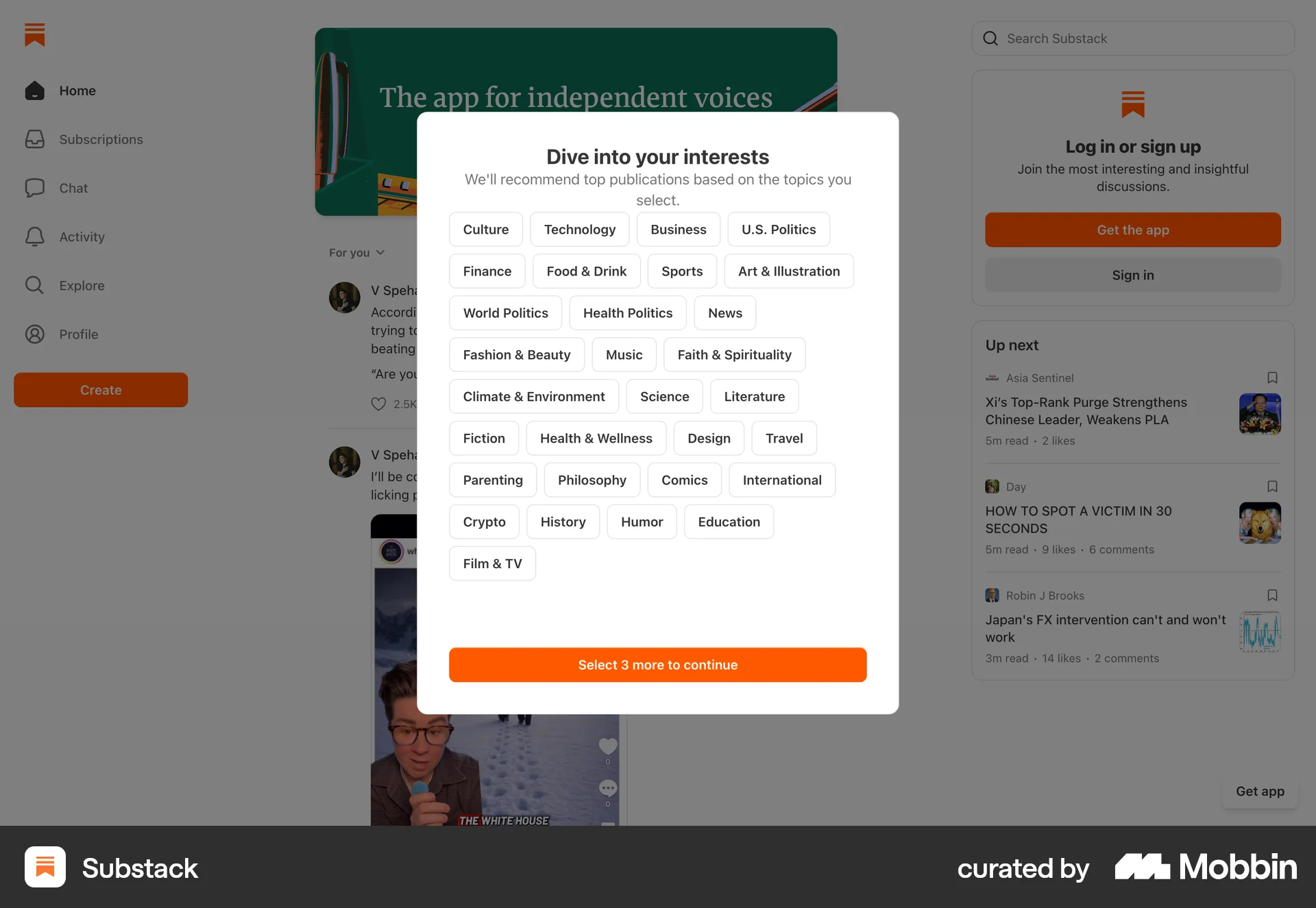 Substack Onboarding screen