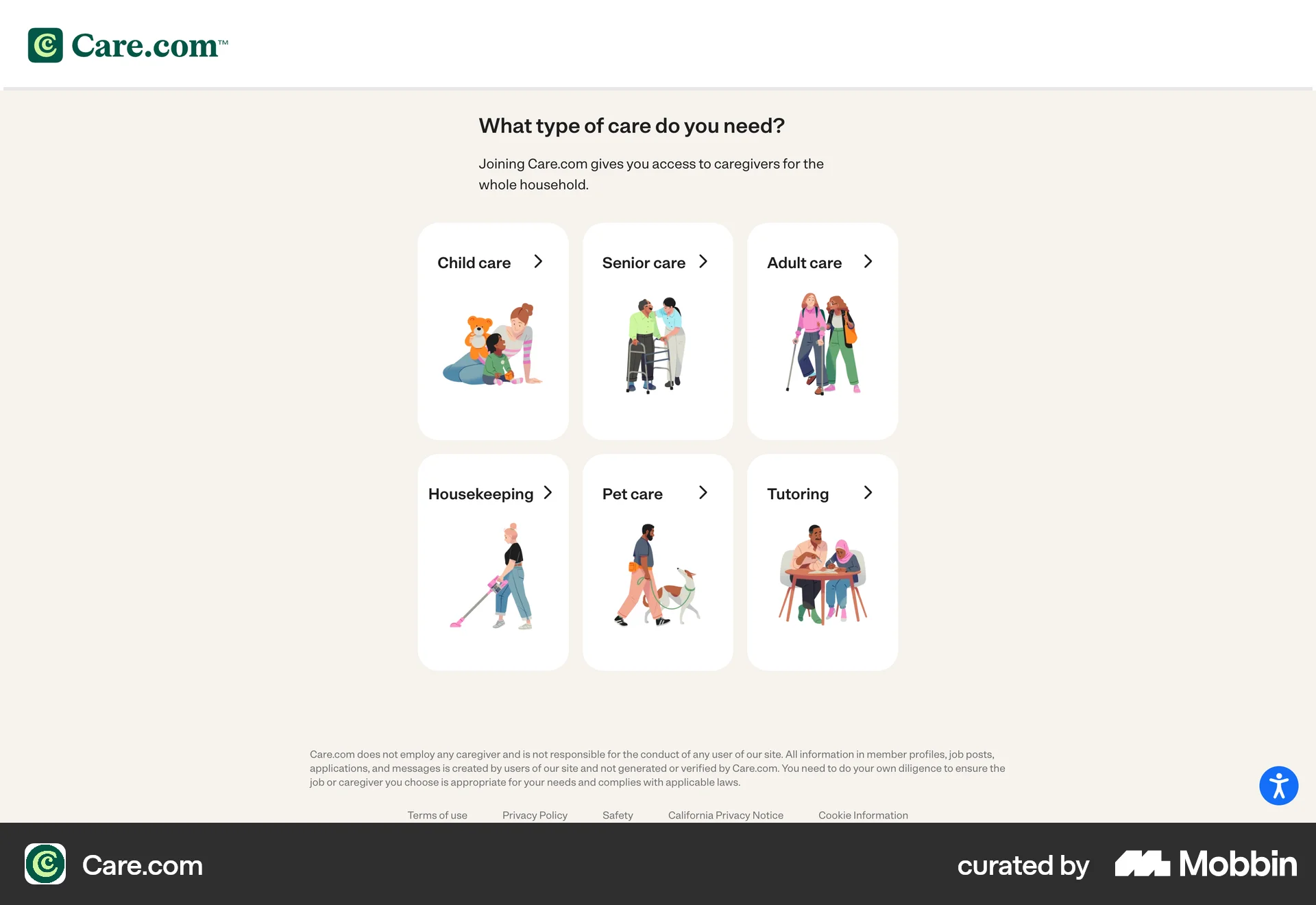 Care.com Onboarding (Find care) screen