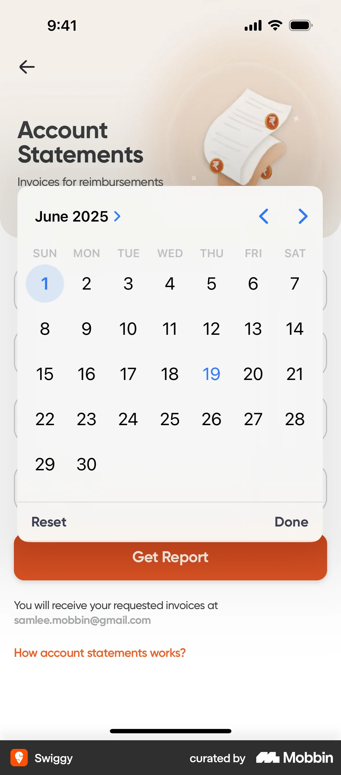 Swiggy Requesting an account statement screen