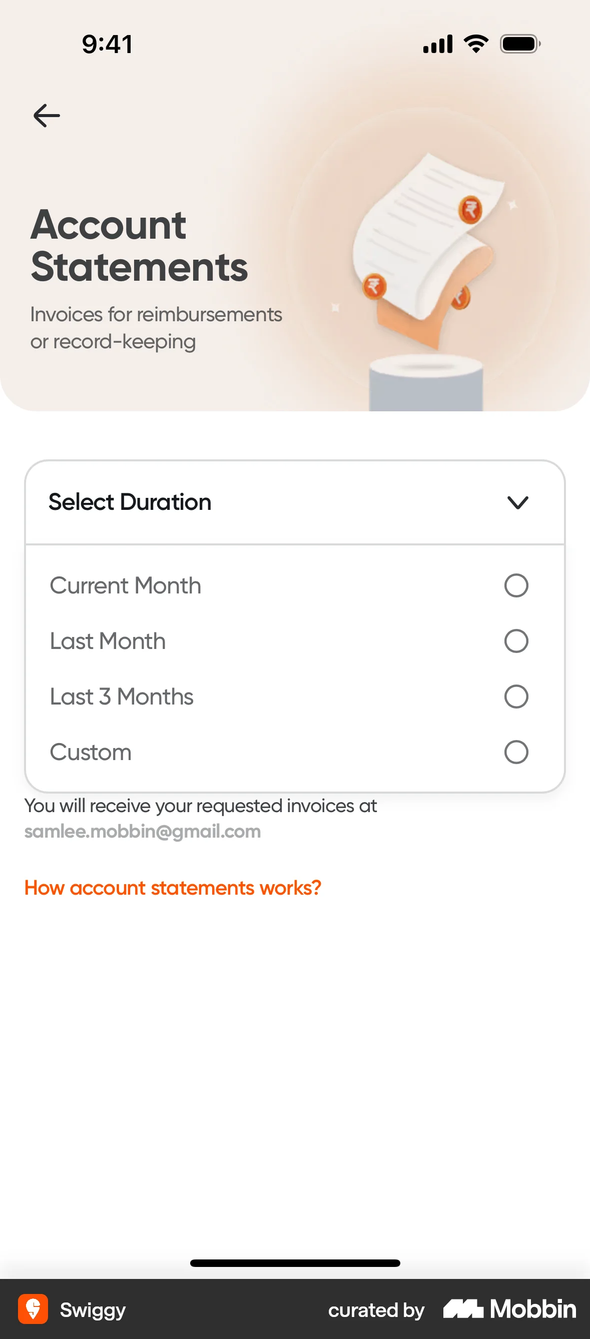 Swiggy Requesting an account statement screen
