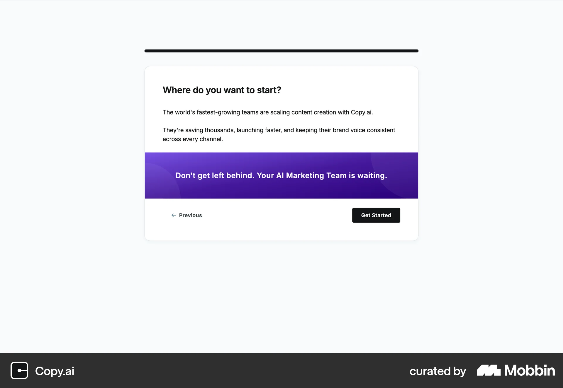 Copy.ai Onboarding screen