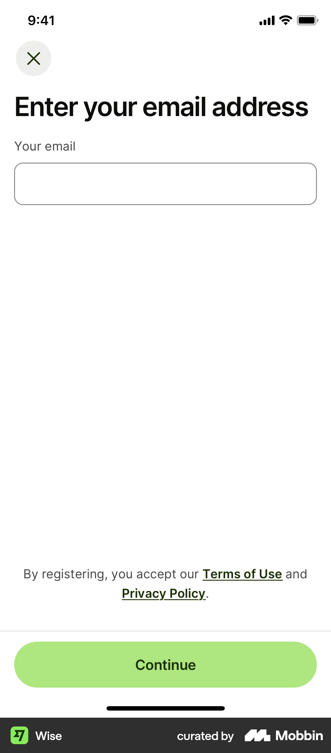 Wise Onboarding screen