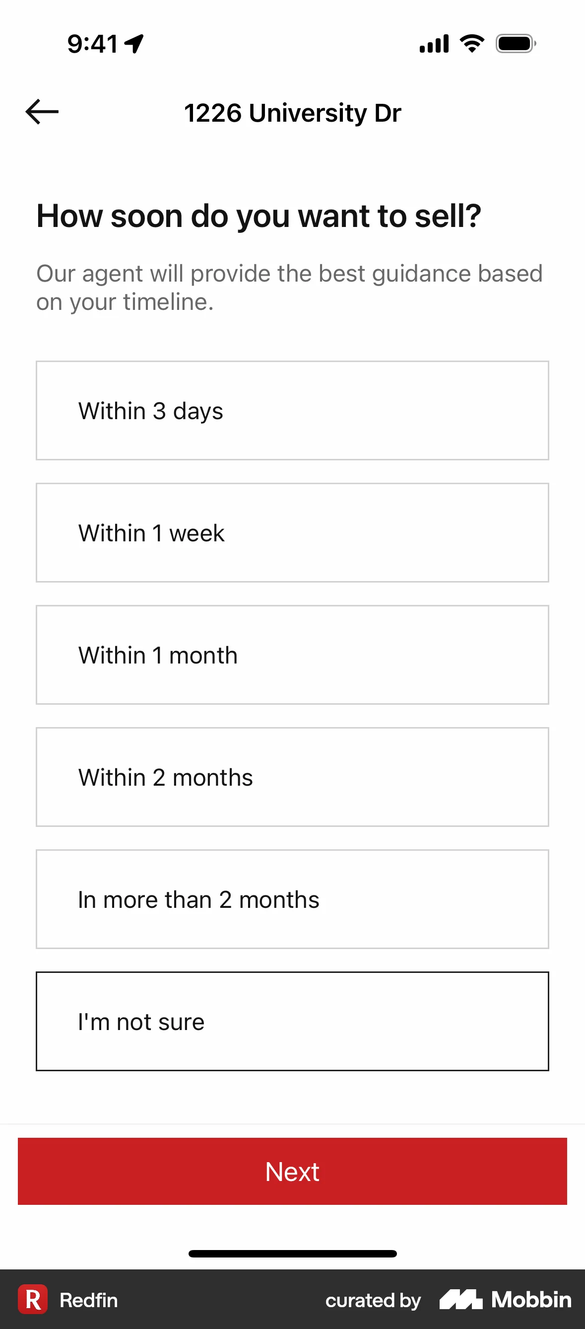 Redfin Scheduling a selling consultation screen