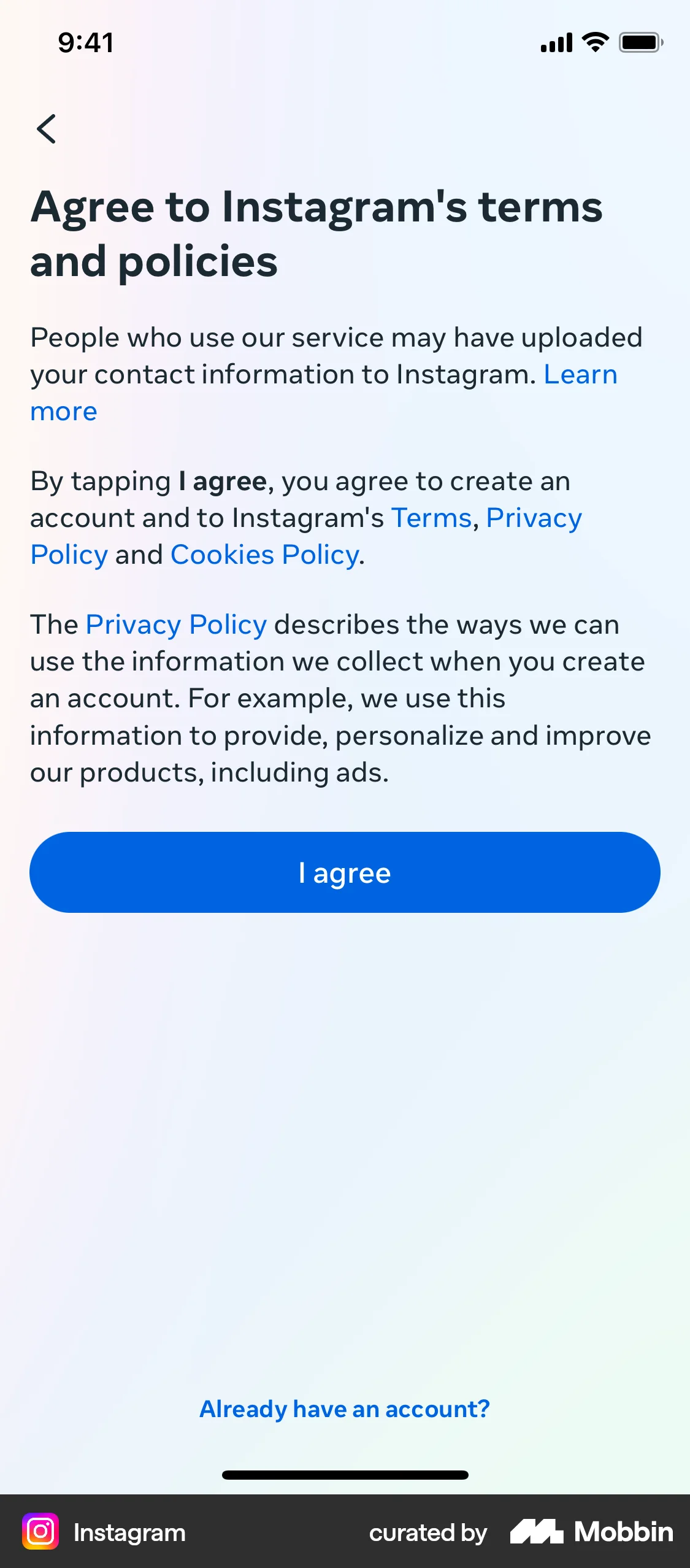 Instagram Onboarding screen