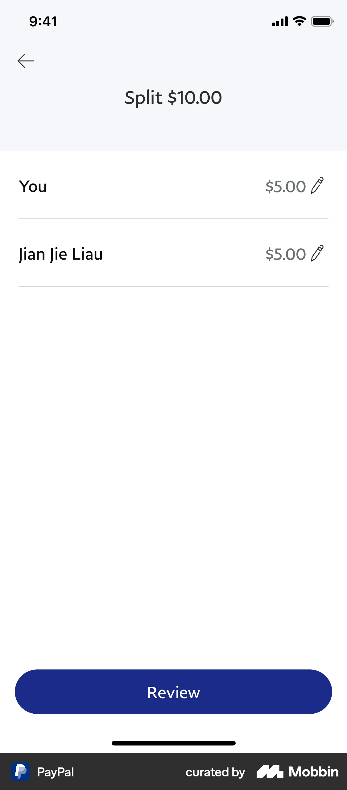 PayPal Requesting to split a bill screen