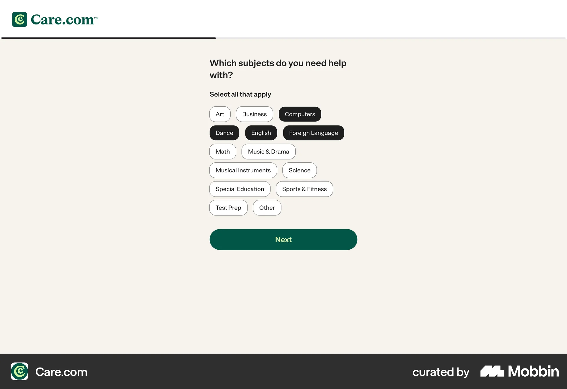 Care.com Onboarding (Find care) screen