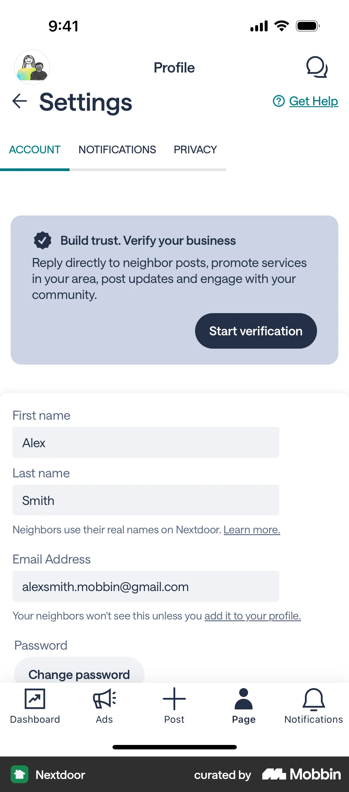 Nextdoor Verifying a business screen