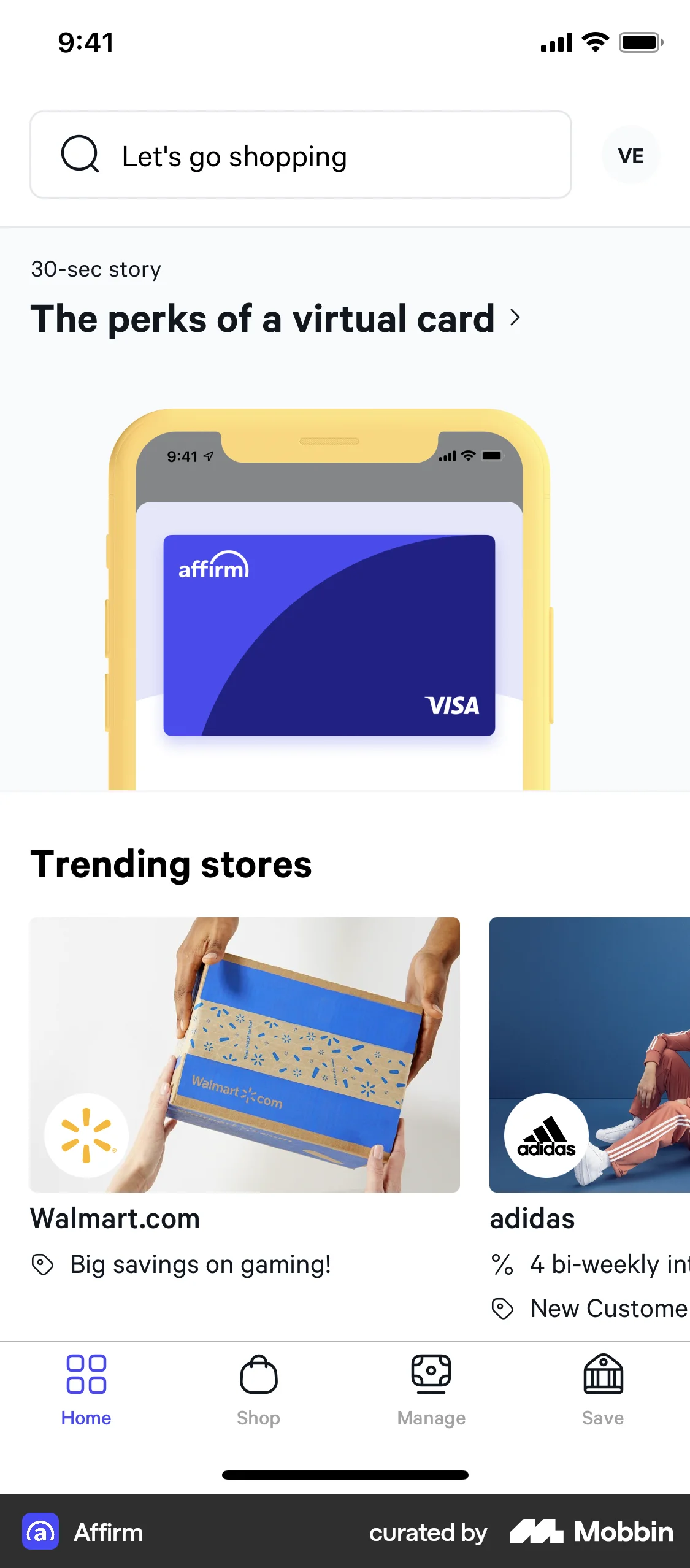 Affirm Requesting a virtual card screen