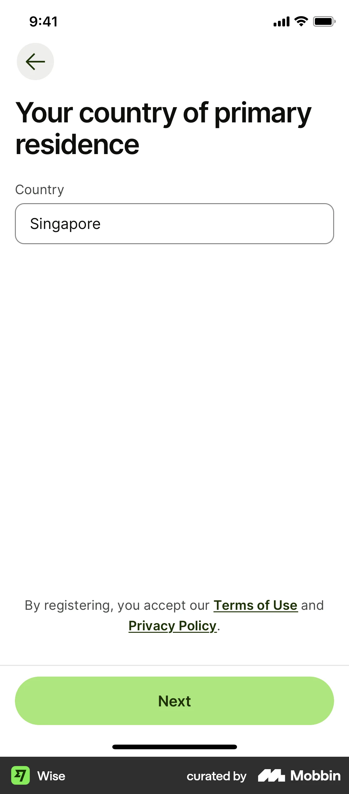 Wise Onboarding screen