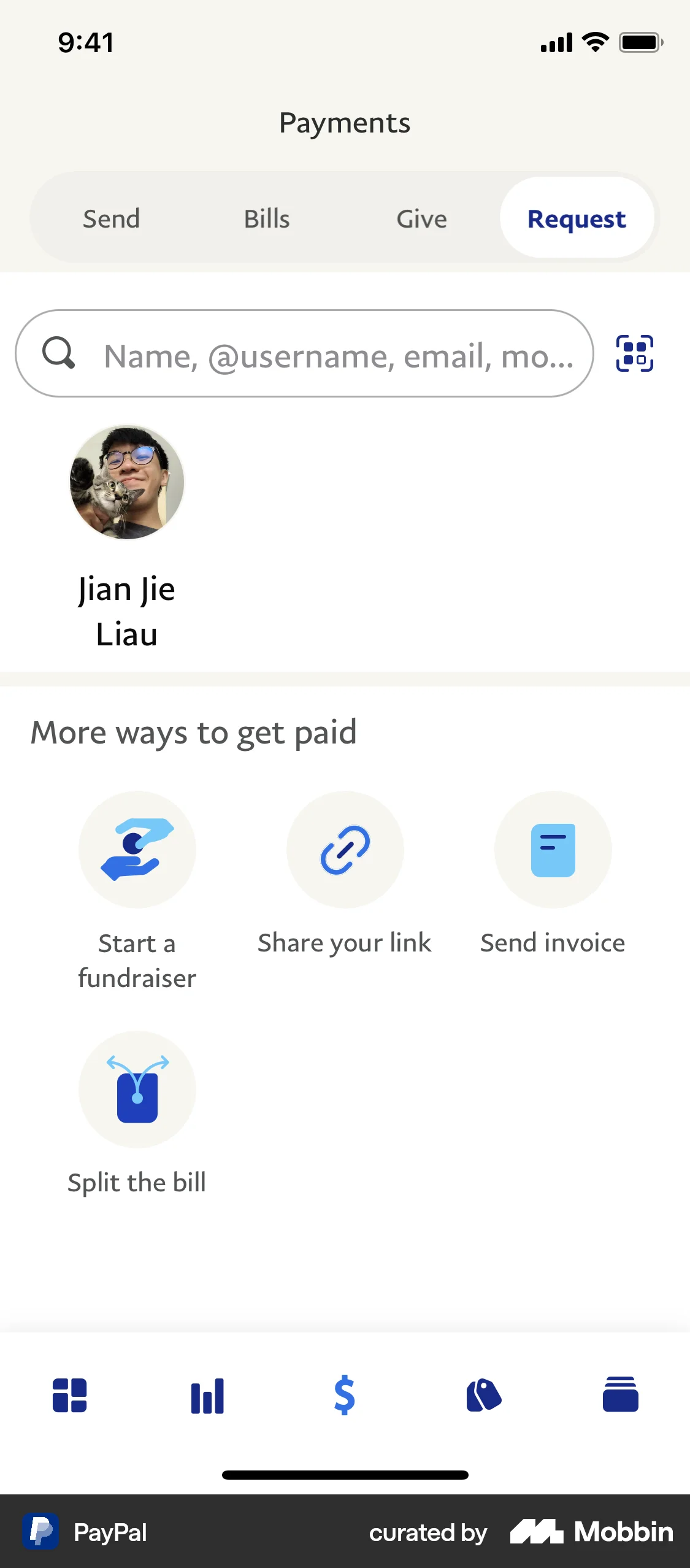 PayPal Requesting to split a bill screen