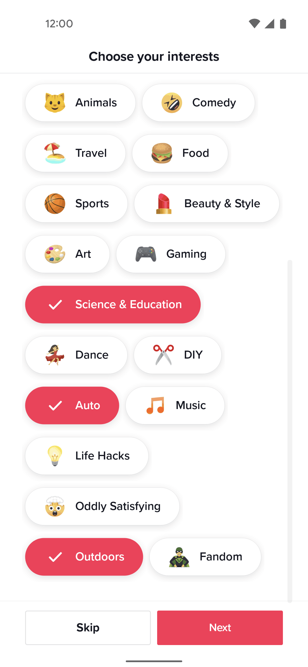 TikTok Android Interest selection | Mobbin
