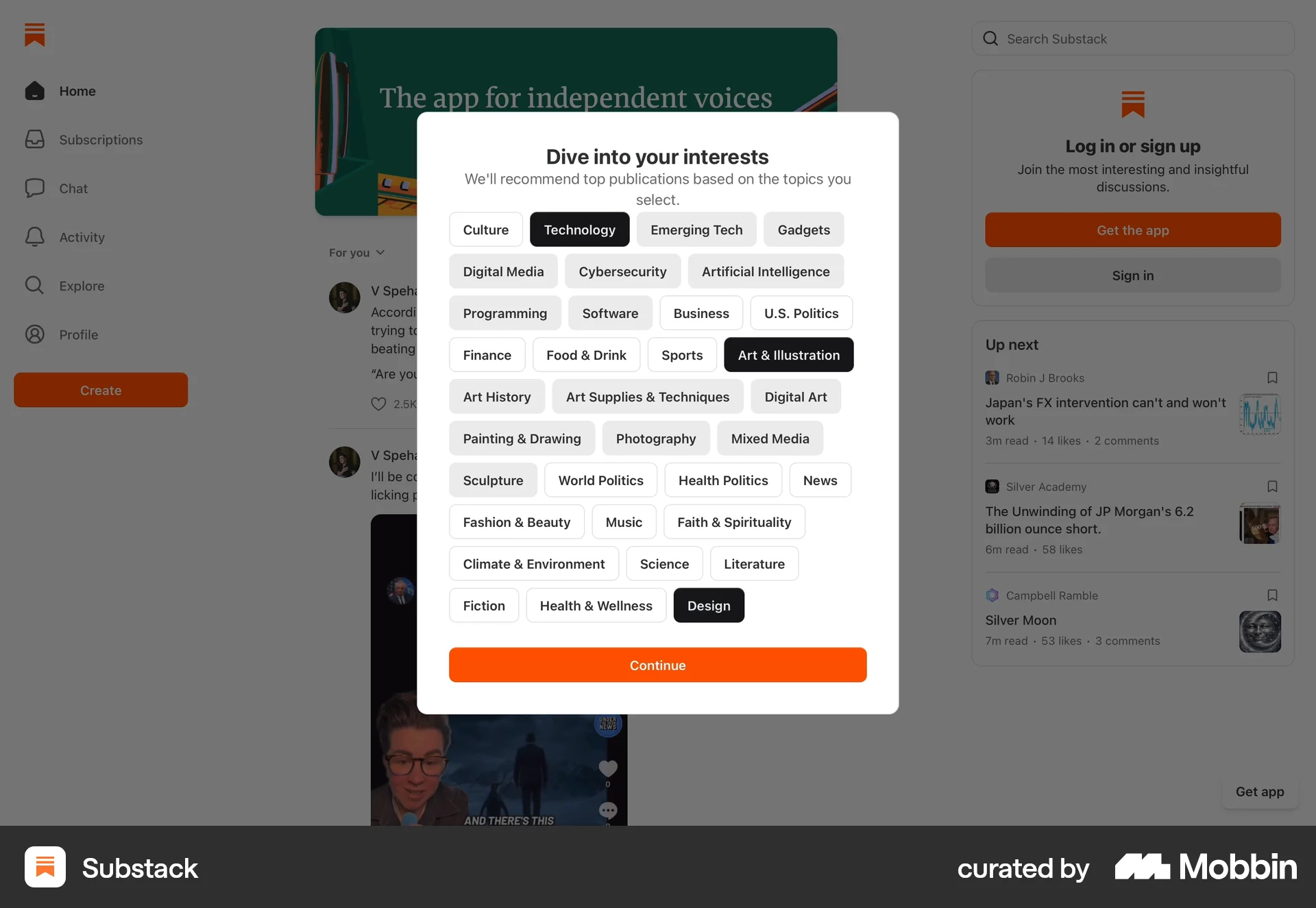 Substack Onboarding screen