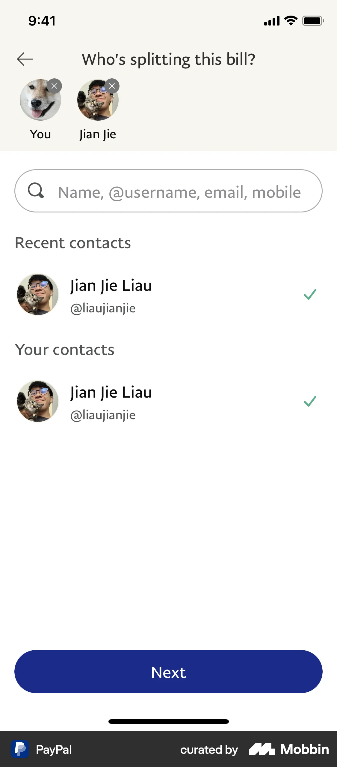 PayPal Requesting to split a bill screen