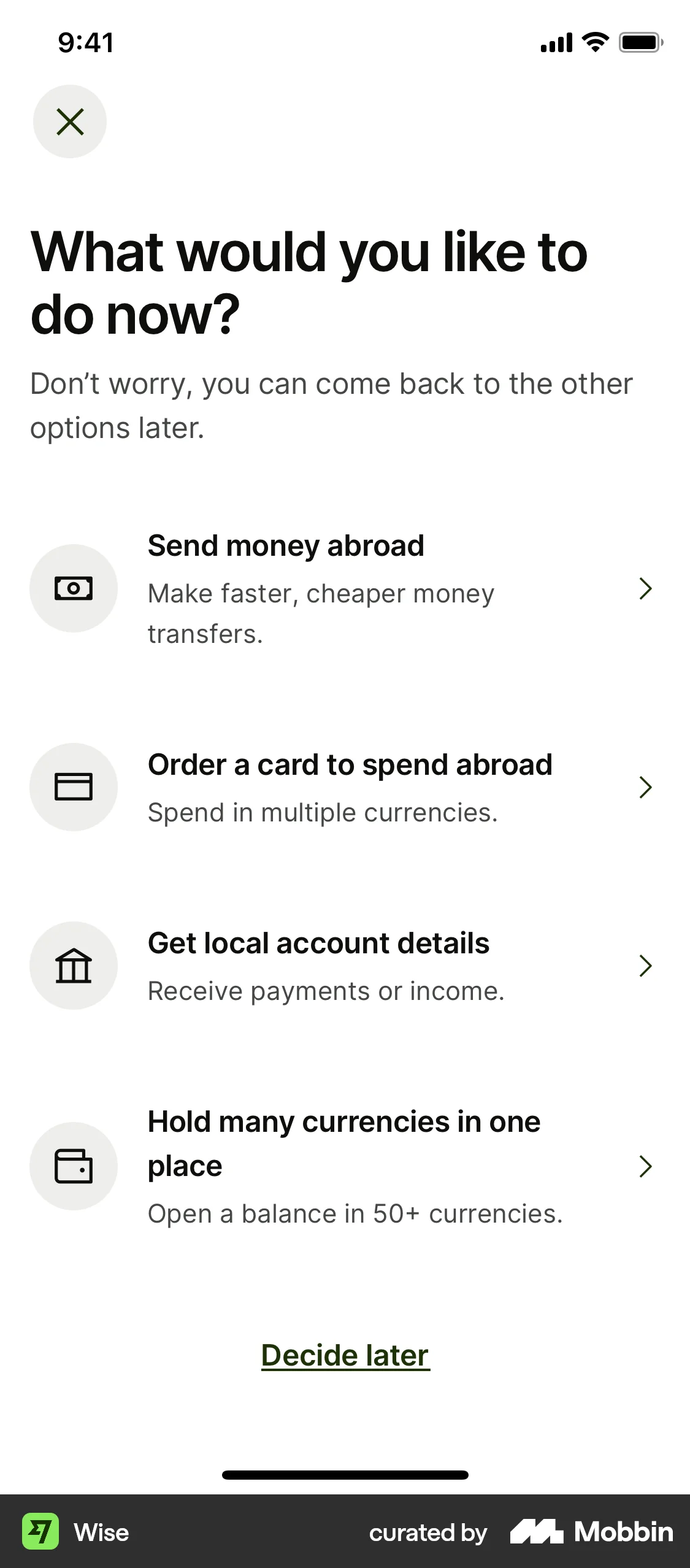 Wise Onboarding screen