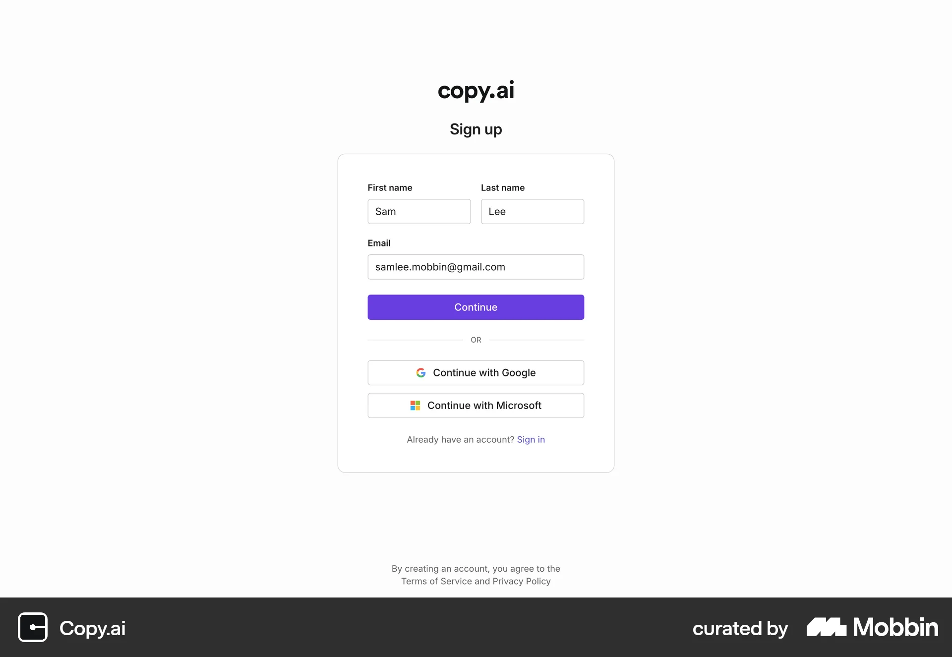 Copy.ai Onboarding screen