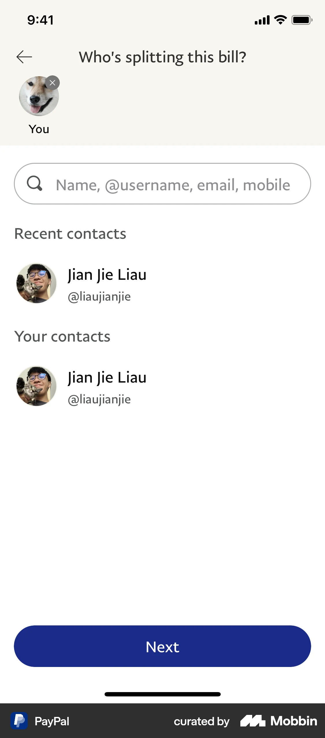 PayPal Requesting to split a bill screen