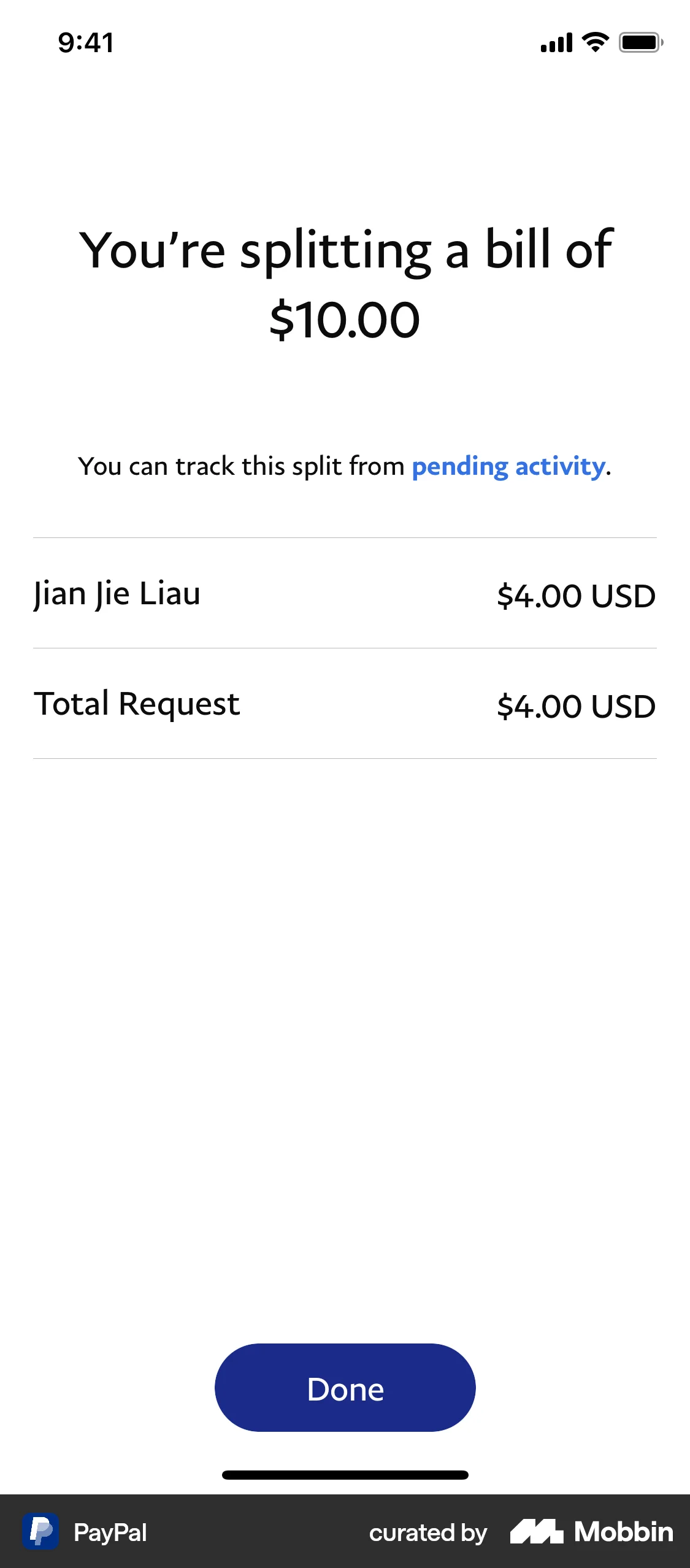 PayPal Requesting to split a bill screen