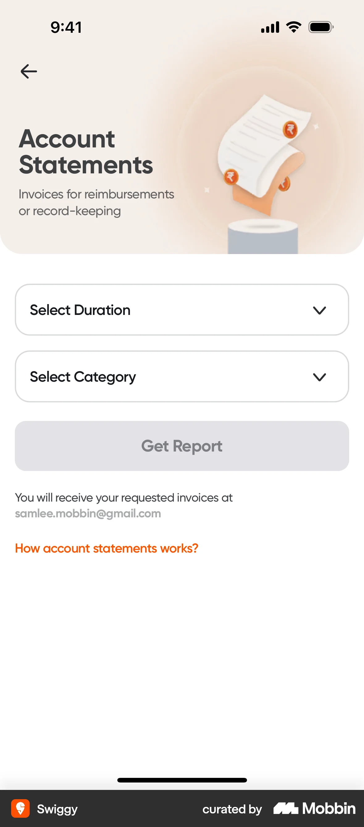 Swiggy Requesting an account statement screen