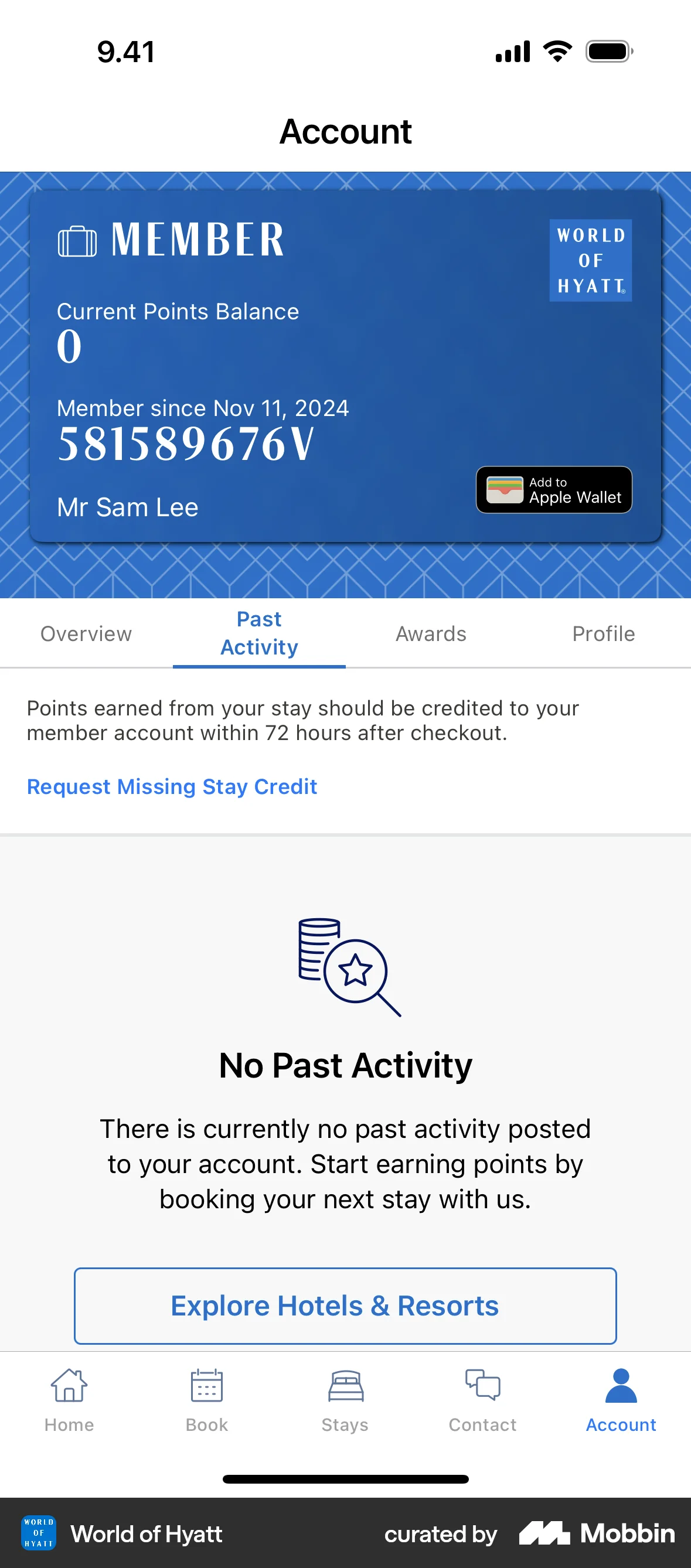 World of Hyatt Requesting missing stay credit screen