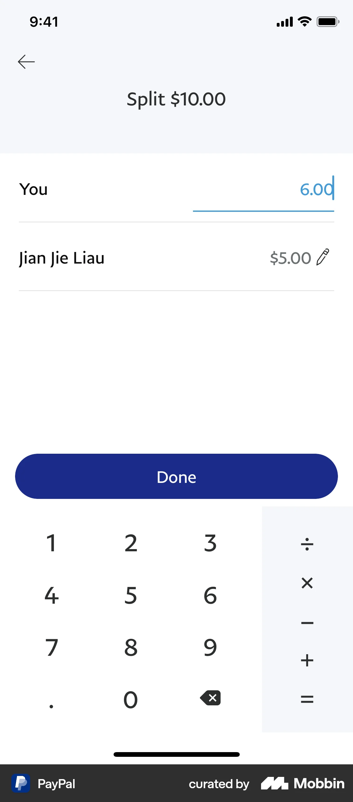 PayPal Requesting to split a bill screen