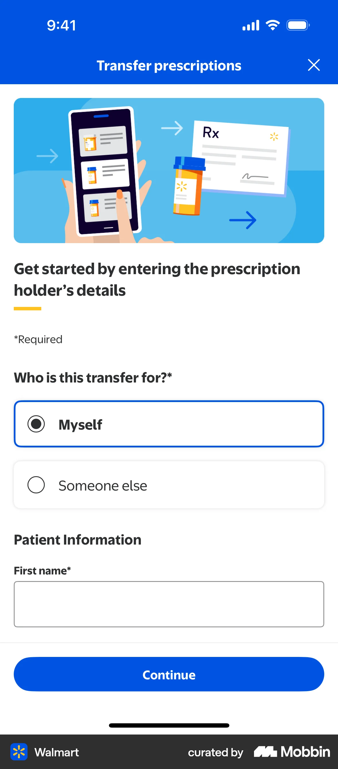 Walmart Requesting prescription transfer screen