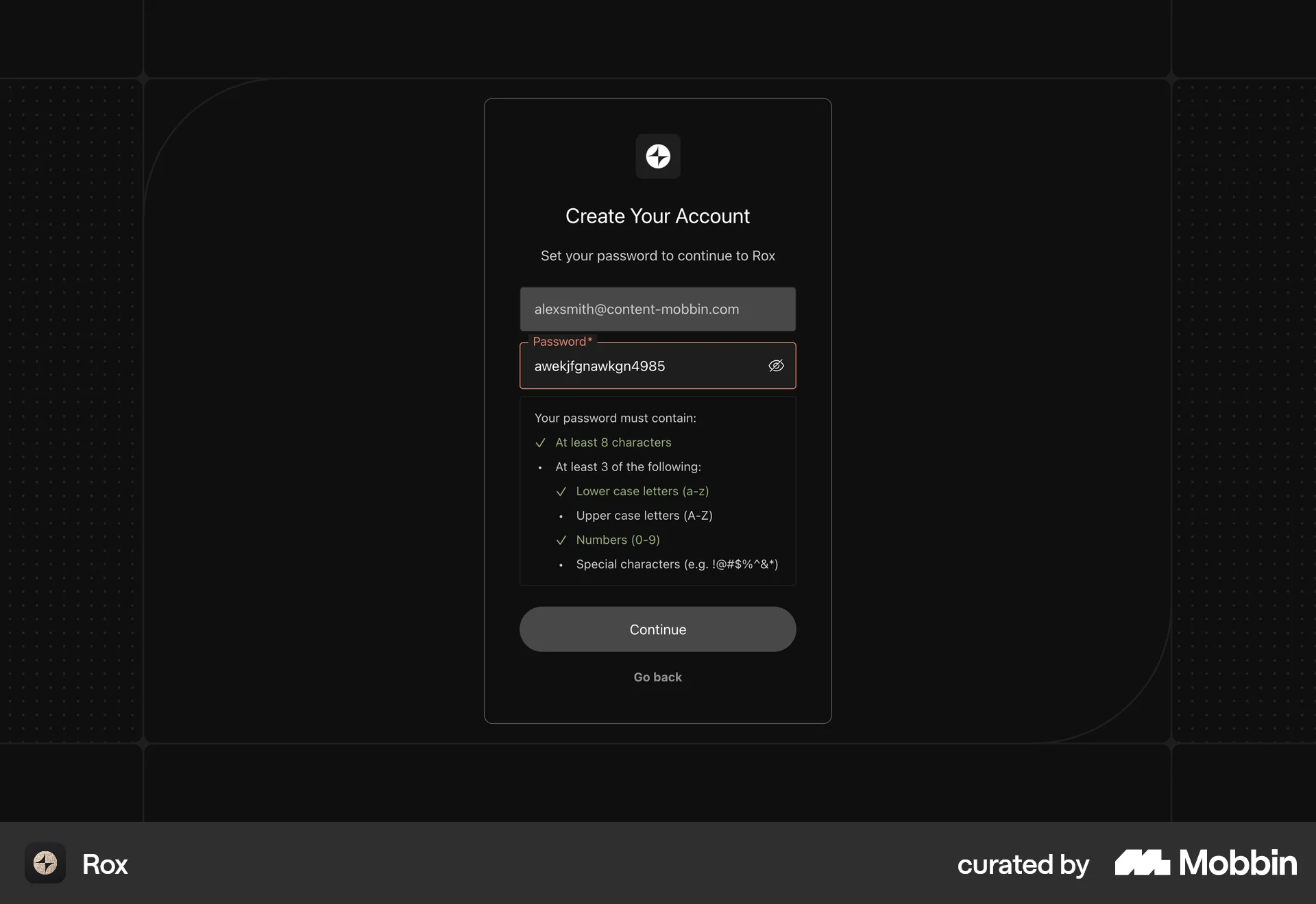 Rox Onboarding screen