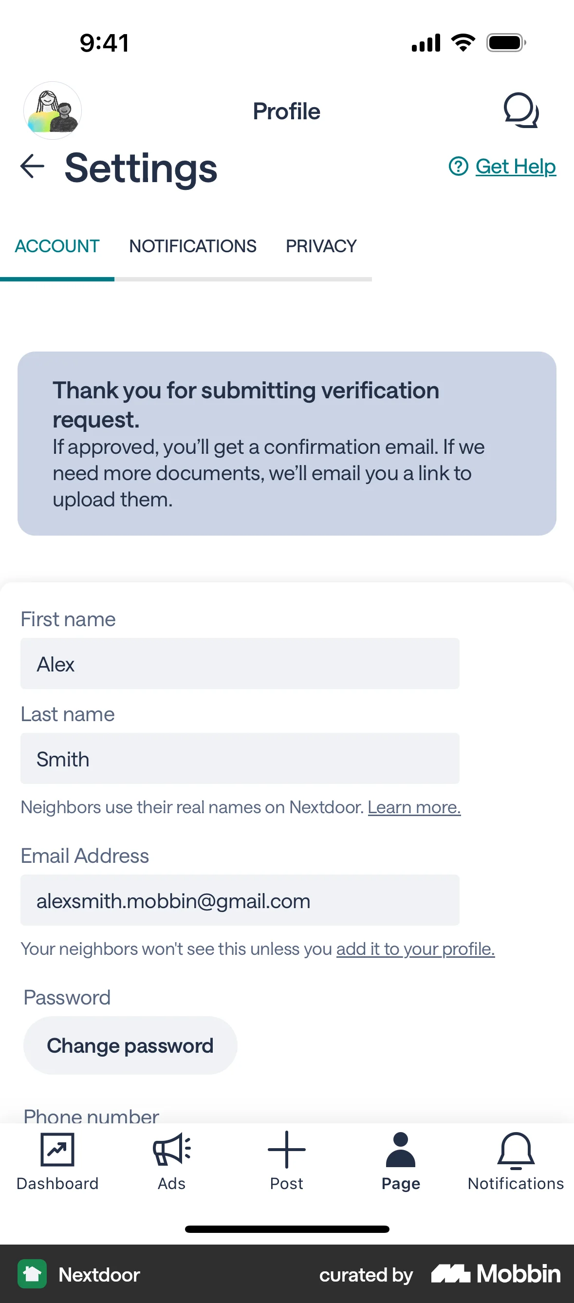 Nextdoor Verifying a business screen
