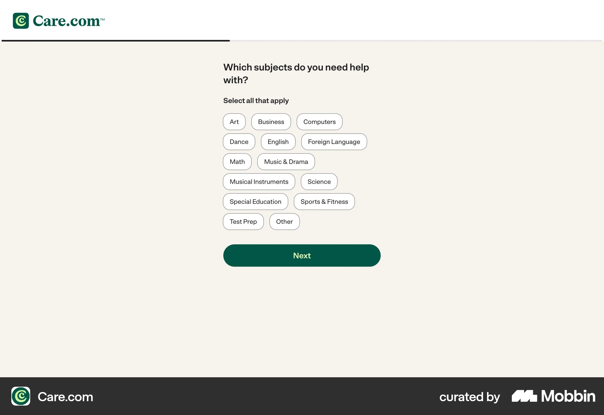 Care.com Onboarding (Find care) screen