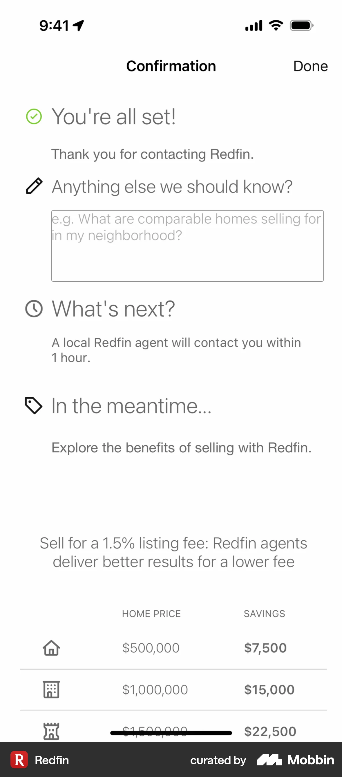 Redfin Scheduling a selling consultation screen