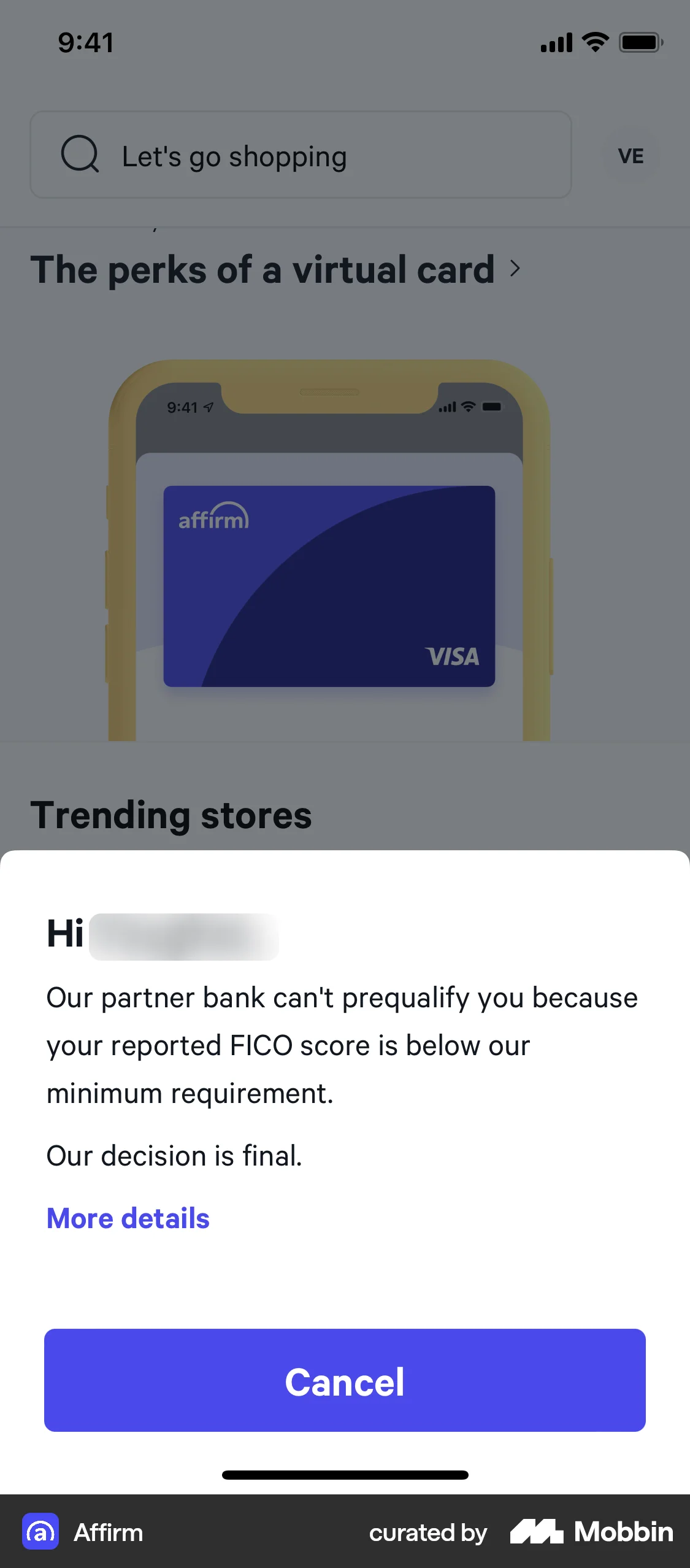 Affirm Requesting a virtual card screen
