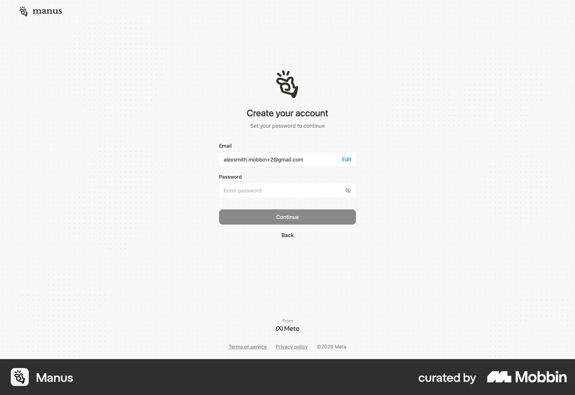 Manus Onboarding screen