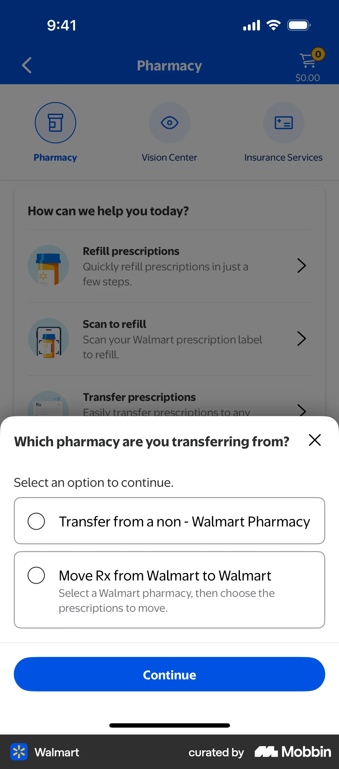 Walmart Requesting prescription transfer screen