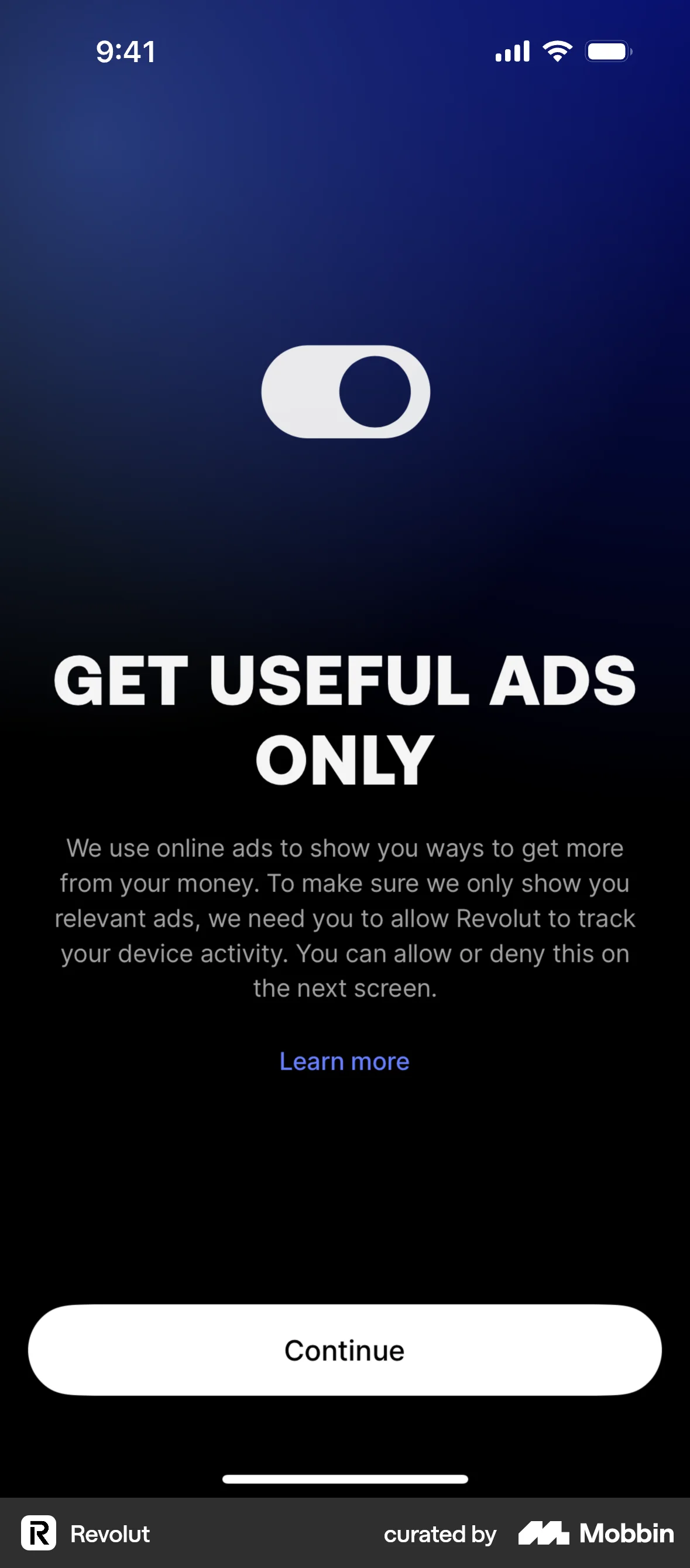 Revolut Onboarding screen