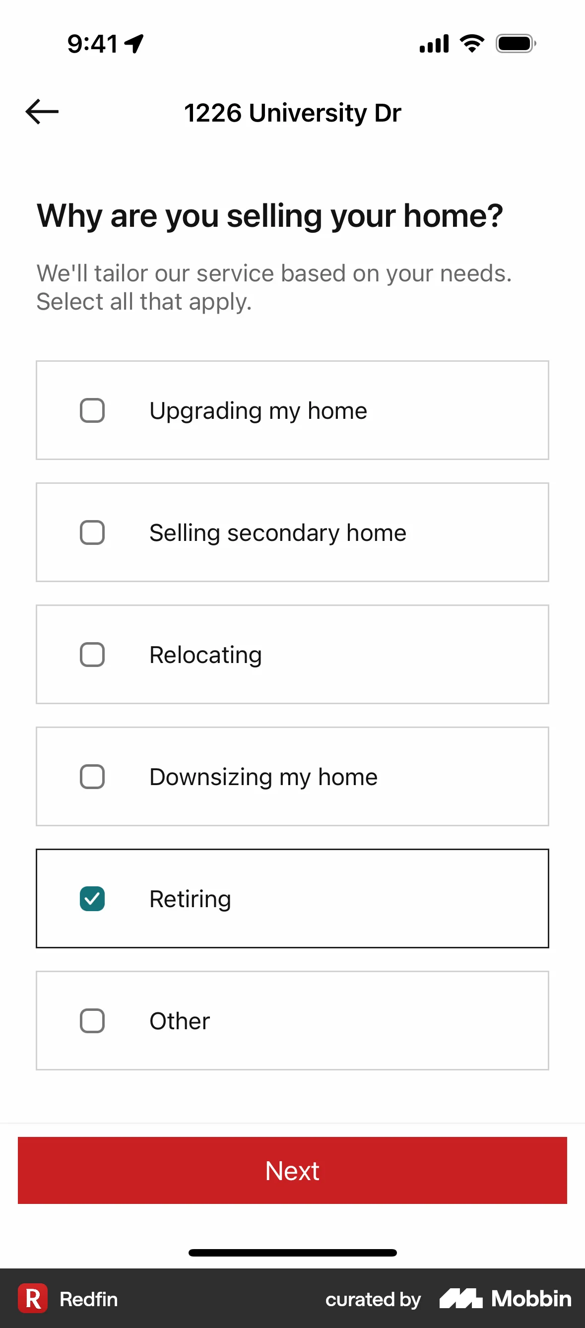 Redfin Scheduling a selling consultation screen