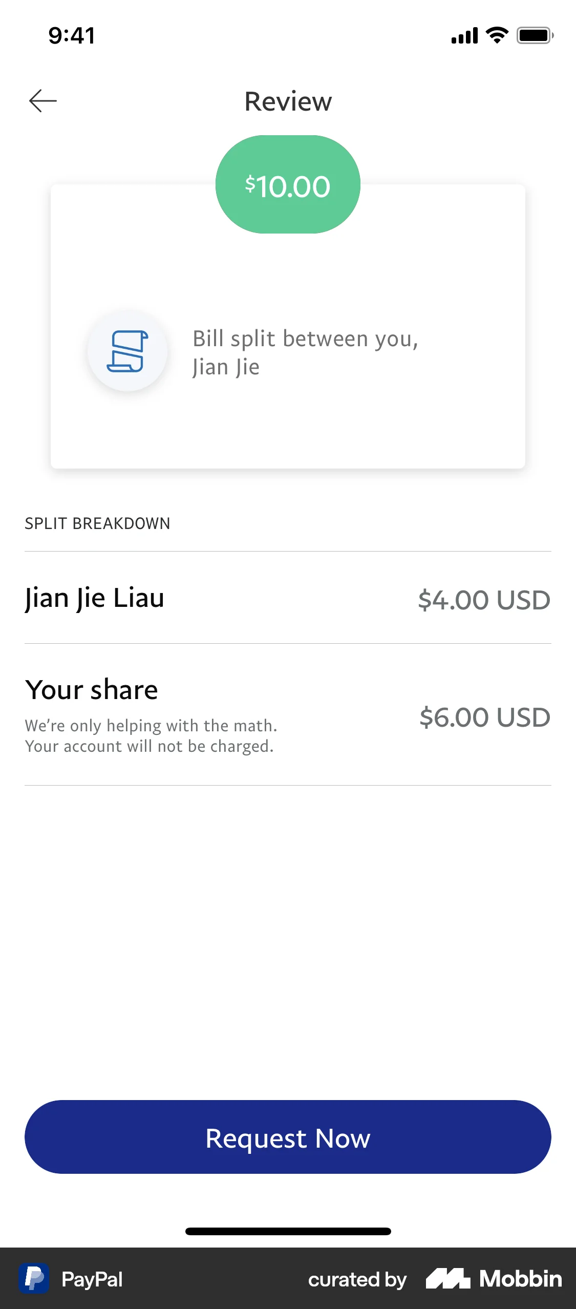 PayPal Requesting to split a bill screen
