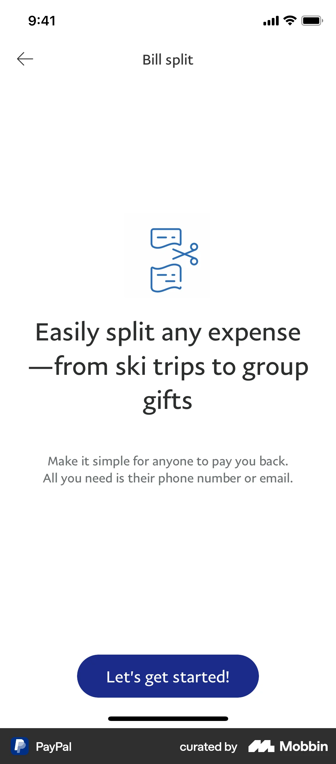 PayPal Requesting to split a bill screen