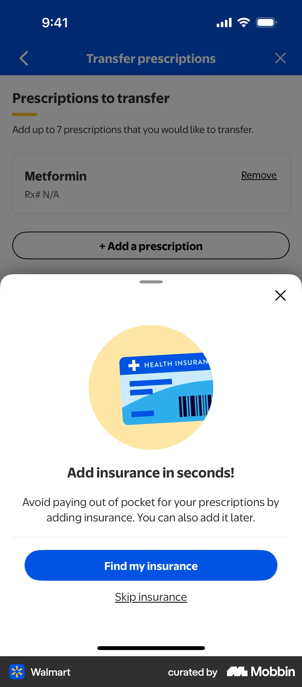 Walmart Requesting prescription transfer screen