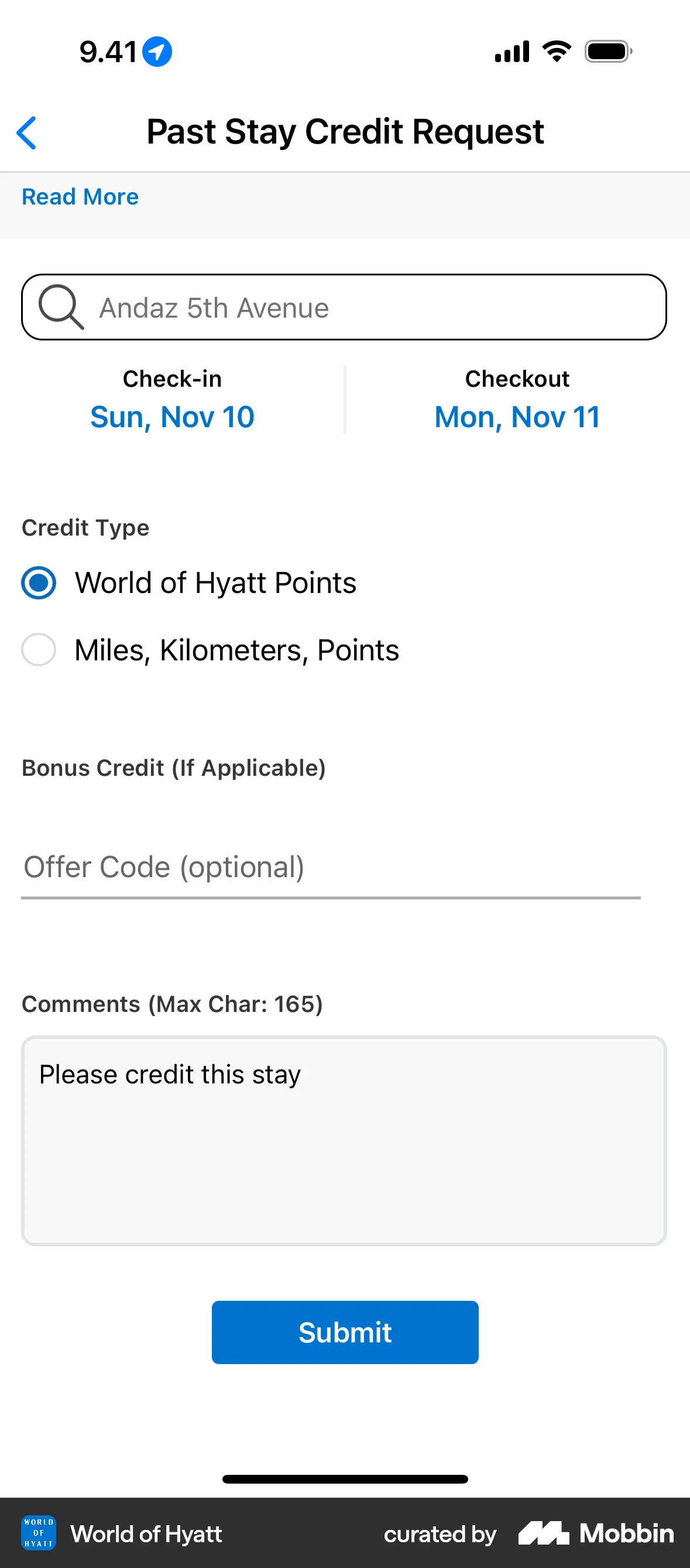 World of Hyatt Requesting missing stay credit screen