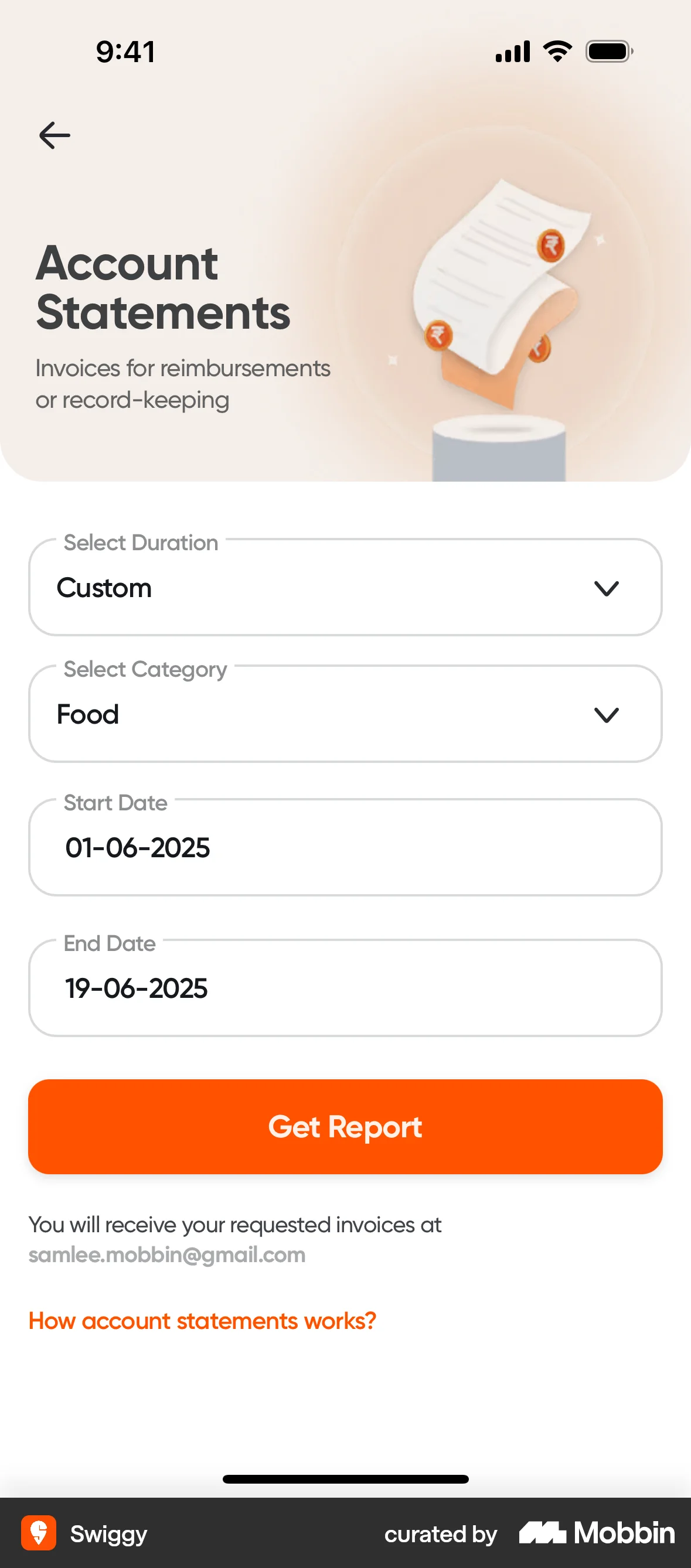 Swiggy Requesting an account statement screen