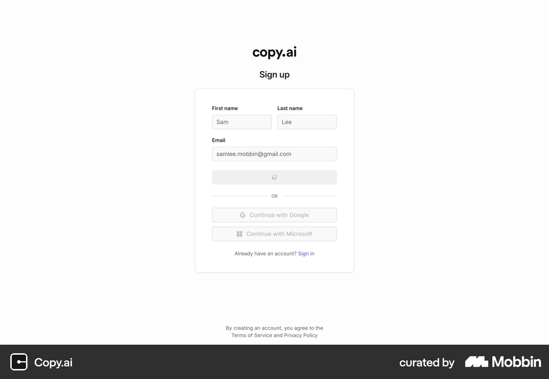 Copy.ai Onboarding screen