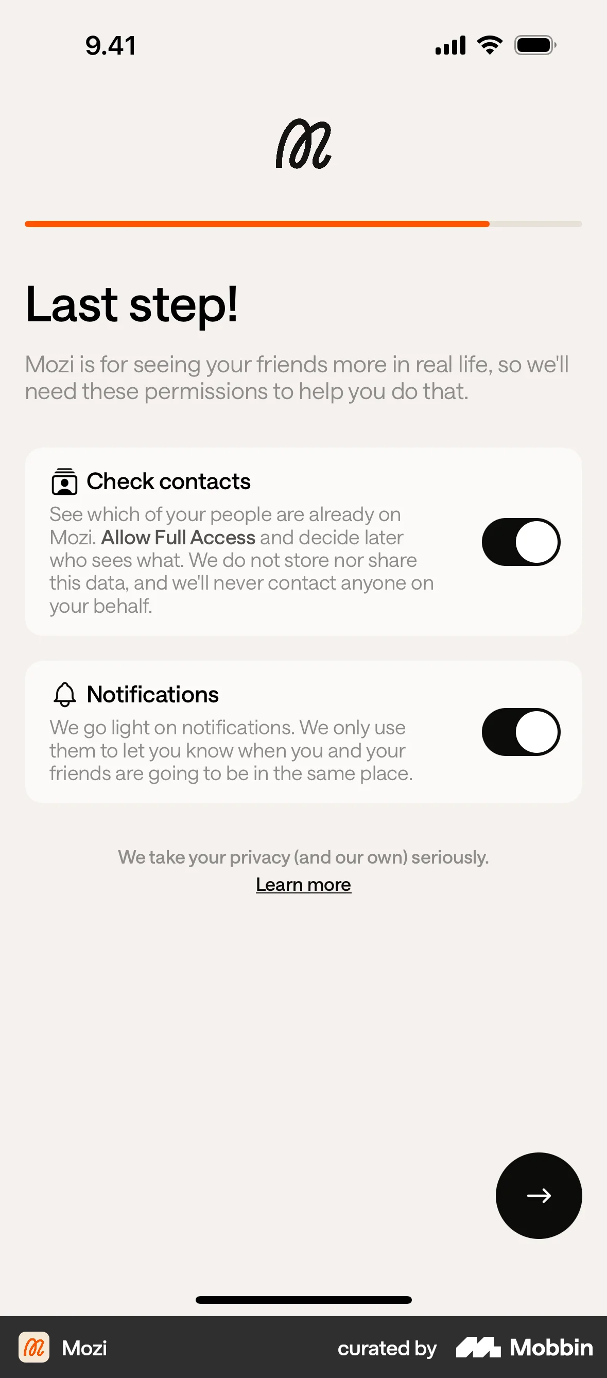 Mozi Onboarding screen