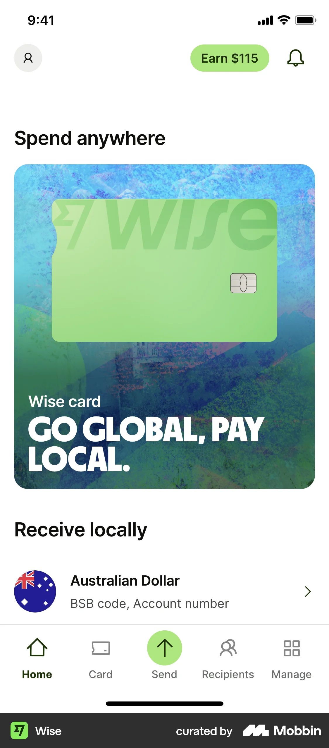 Wise Onboarding screen