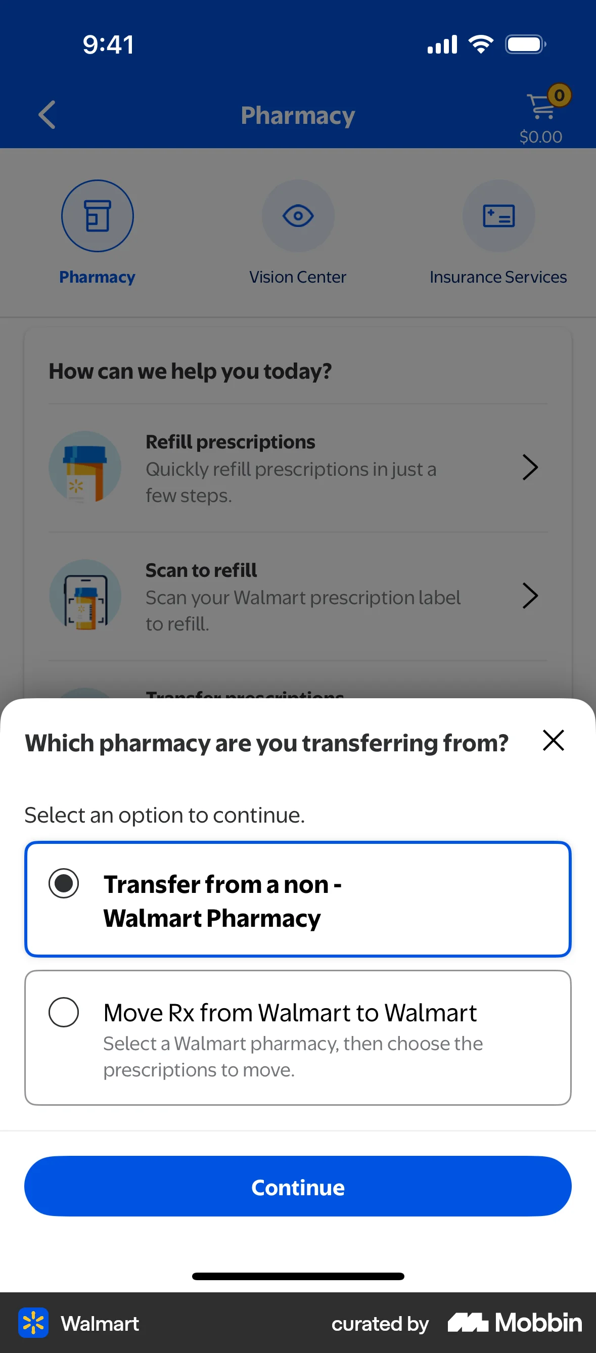 Walmart Requesting prescription transfer screen