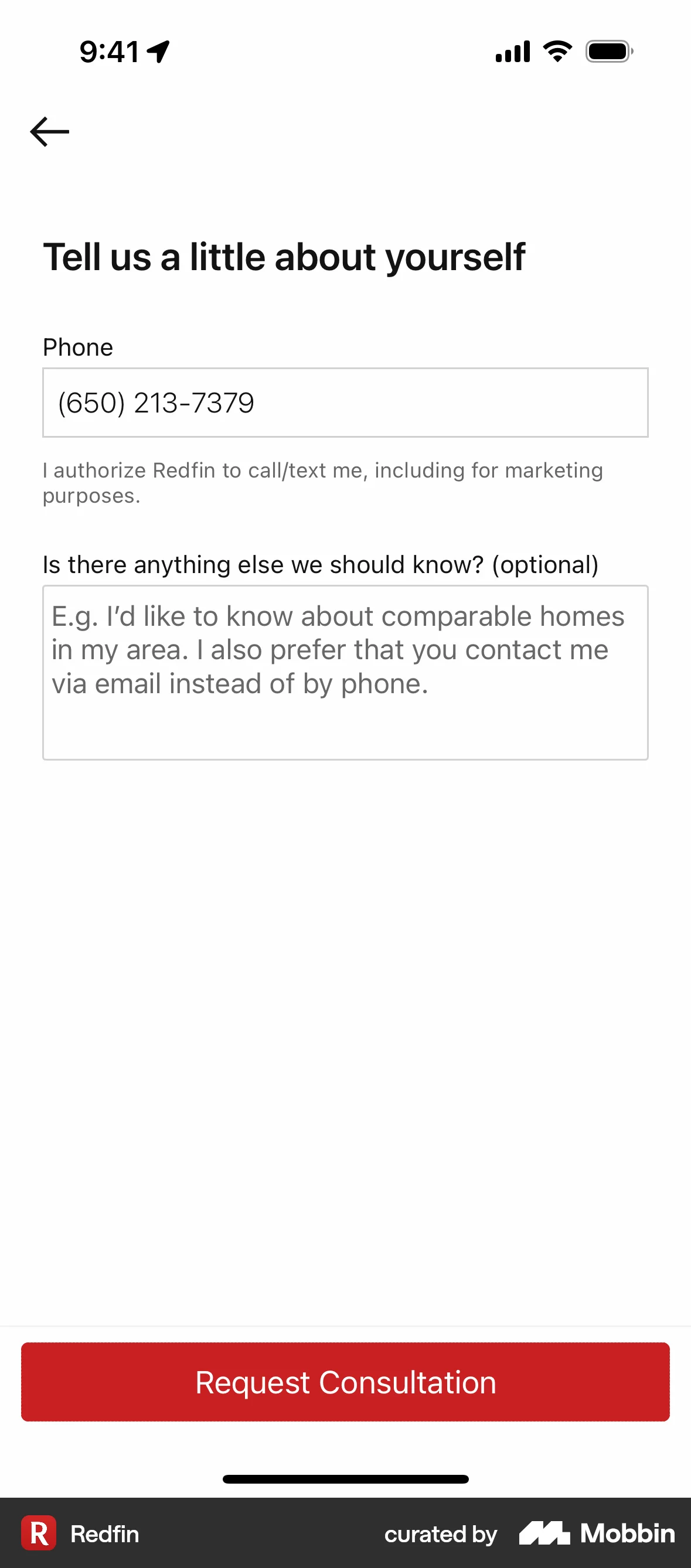 Redfin Scheduling a selling consultation screen