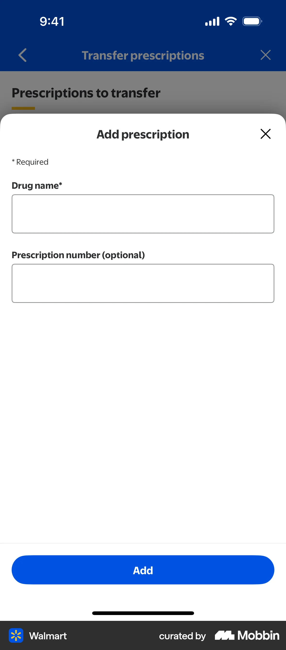 Walmart Requesting prescription transfer screen
